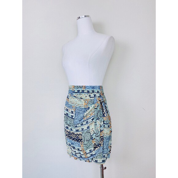 1990s Vintage Blue Southwestern Sarong Skirt Set / 90s Rayon Cocoon Jacket 10 - Picture 7 of 10